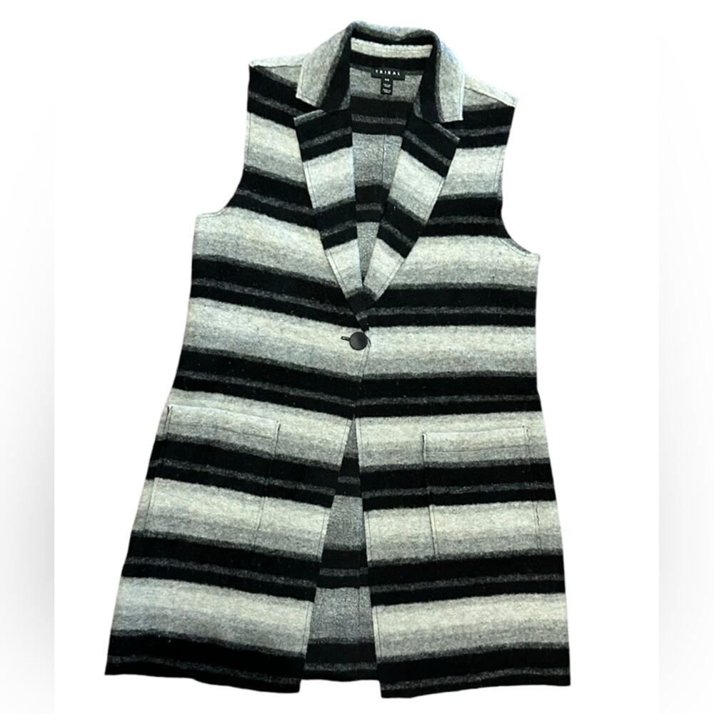 Tribal Women’s Small Black and Gray Striped Sleeveless Wool Blend Vest